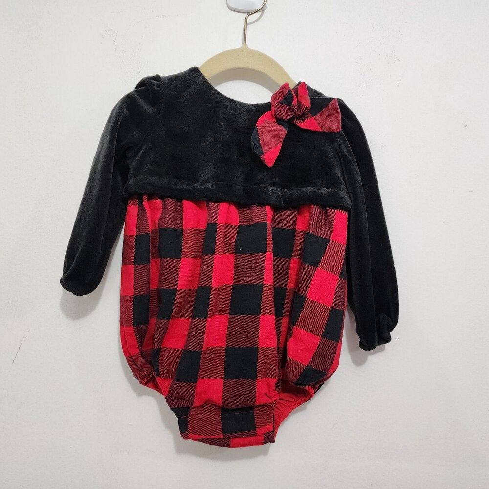 Tommy Bahama Girls 12 Months Red Black Buffalo Check Velour Holiday Bodysuit